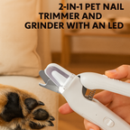 2-in-1 pet nail trimmer and grinder with LED light being used on a dog's paw.