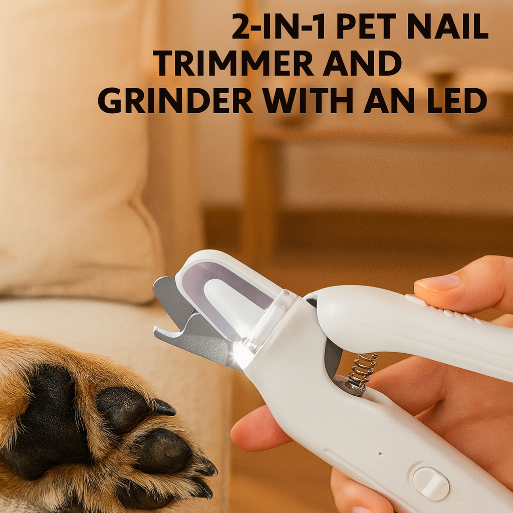 2-in-1 pet nail trimmer and grinder with LED light being used on a dog's paw.